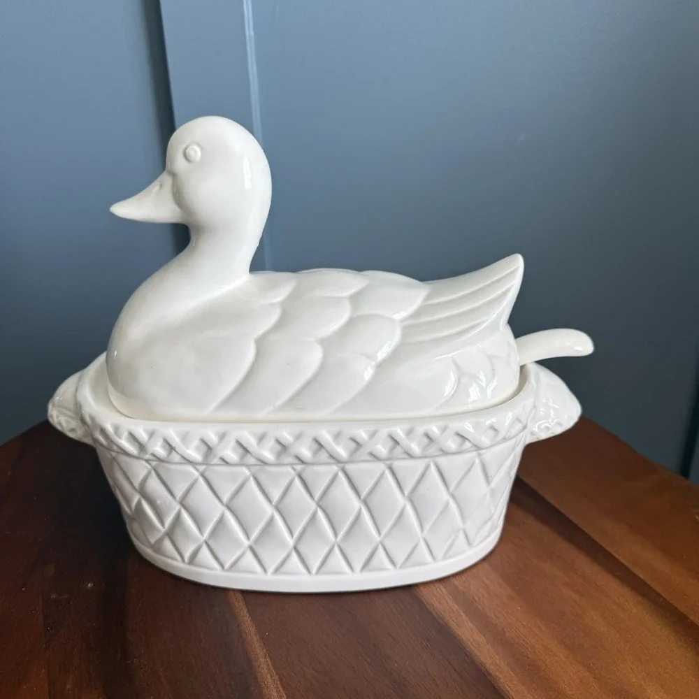 Vintage Duck Soup Tureen w Ladle Japan Ceramic 3 Piece Display Decor Cottagecore